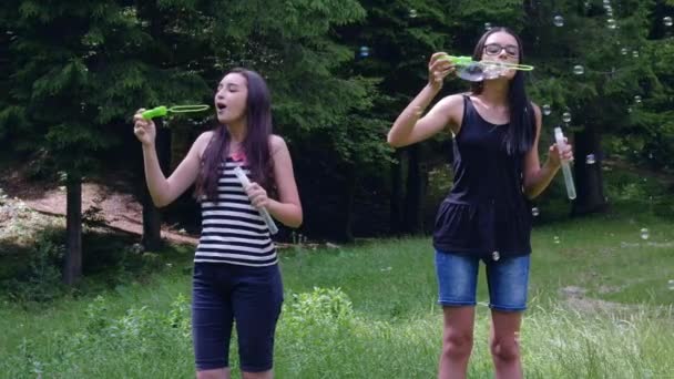 Teenager Mädchen Pusten Seifenblasen Und Amüsieren Sich Sommer Zeitlupe Handheld — Stockvideo