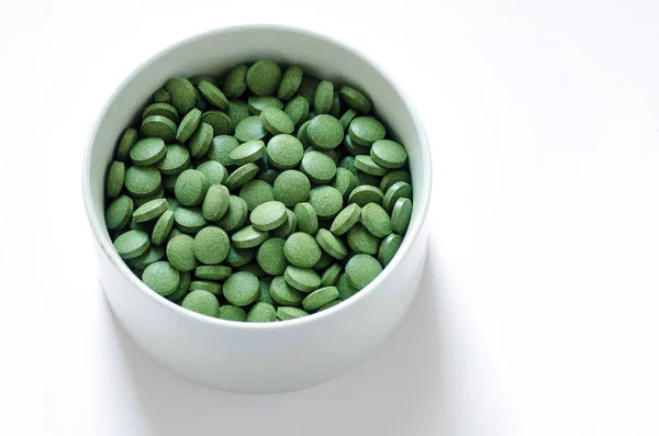 Chlorela Verde Pílulas Espirulina Suplemento Nutricional Estilo Vida Saudável Medicina — Fotografia de Stock