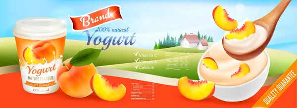 Fruit Yoghurt Met Perzik Advertentie Concept Yoghurt Stroomt Een Kopje — Stockvector