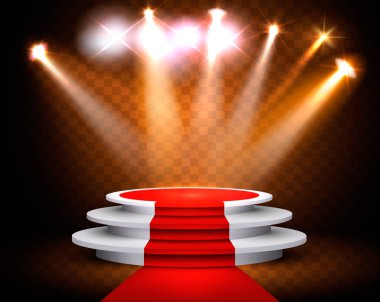 Showroom bir kırmızı halı ve Spot arka plan. Festival gösteri poster. Vektör. 