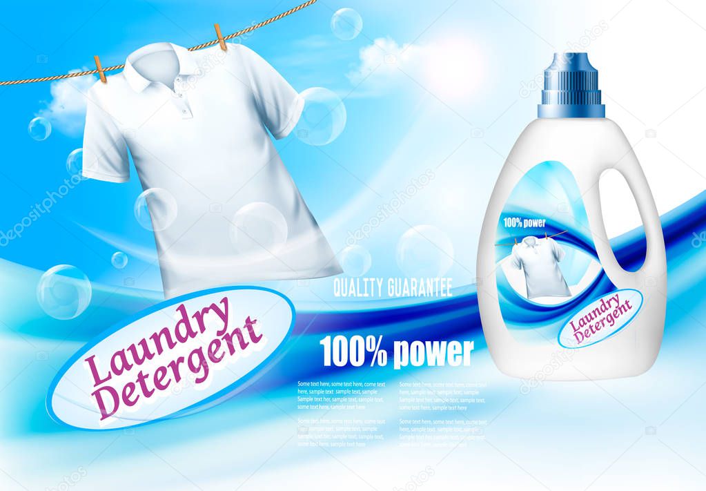 Laundry detergent ads. Plastic bottle  and white shirt on rope. Design template. Vector