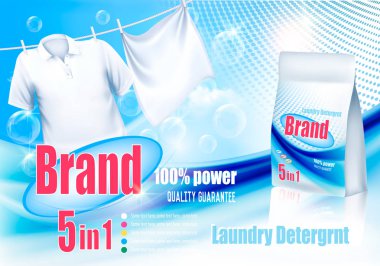 Çamaşırhane deterjan reklamı. İp ve plastik torba üzerinde asılı beyaz giysiler. Tasarım şablonu. Vektör