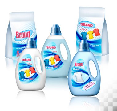 Çamaşırhane deterjan ambalaj tasarımı, etiket ve çantaları ile Şeffaf konteyner şişe ayarlayın. Vektör