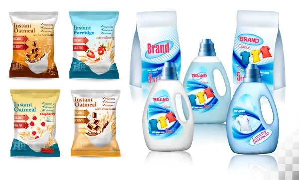 Laundry Detergent Package Design Set Container Bottles Label Polypropylene Plastic — Stock Vector