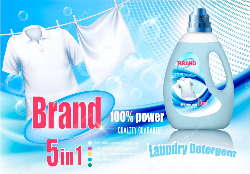 Laundry detergent ad. Design template. Plastic bottle  and white cloth on rope.  Vector