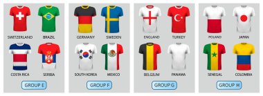 2018 Futbol Şampiyonası Kupası futbol formaları set. E, F, G ve H. ulusal bayrak T-shirt gruplandırır. Vektör,