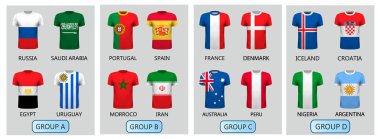 2018 Futbol Şampiyonası Kupası futbol formaları set. Grupları, B, C ve d Ulusal T-shirt bayrak. Vektör,
