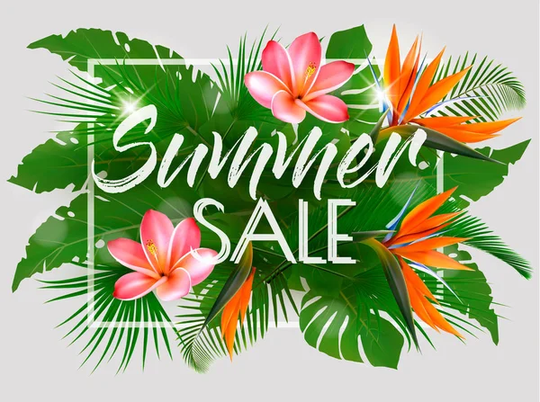 Hot Summer Sale Achtergrond Met Bladeren Van Exotische Coloful Bloemen — Stockvector