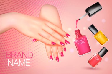 Manikürlü eller ve birkaç laquer şişe tırnak. Vektör çizim