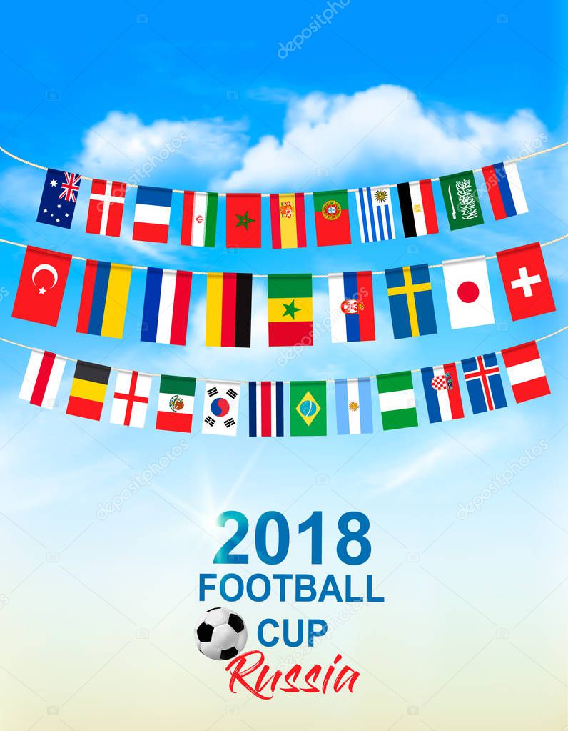 Football 2018 world championship background soccer with national flags on rope. Vector