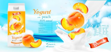 Meyve yoğurt ile reklam kavramı çilek. Şeftali ile bir fincan içine akan yoğurt. Tasarım şablonu. Vektör.