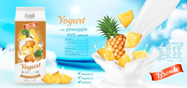 Yogur Blanco Con Piña Fresca Caja Plantilla Diseño Publicidad Vector — Archivo Imágenes Vectoriales