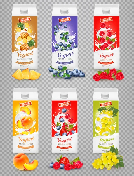 Zestaw Jogurtu Pudełkach Owoców Jagód Reklama Szablon Projektu Wektor — Wektor stockowy