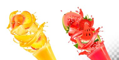 Meyve suyu sıçraması. Çilek, guava, karpuz, ananas, mango, şeftali. Vektör.