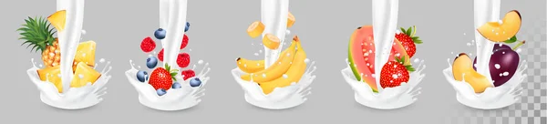 Grote Collectie Voor Fruit Een Scheutje Melk Ananas Mango Banaan — Stockvector