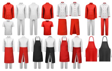 Büyük toplama mutfak giyim, beyaz ve kırmızı takım elbise ve önlük. Vektör.