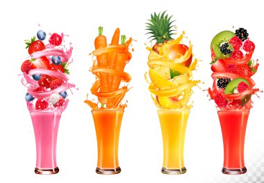 Meyve suyu sıçraması. Çilek, guava, karpuz, ananas, mango, şeftali, ahududu, böğürtlen, kivi, lychee, havuç. Vektör.