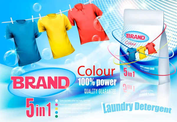 Iklan Deterjen Laundry Baju Berwarna Tergantung Tali Dan Tas Plastik - Stok Vektor