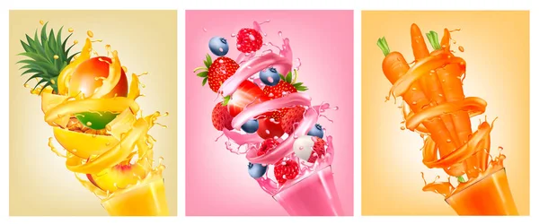 Ensemble Étiquettes Fruits Dans Les Éclaboussures Jus Fraise Myrtille Framboise — Image vectorielle
