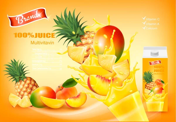 Mulitivitamin Juice Med Färska Frukter Och Stänk Vätska Formgivningsmall Vektor — Stock vektor