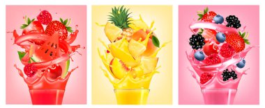 Meyve suyu sıçraması ile etiket kümesi. Çilek, guava, karpuz, ananas, şeftali, ahududu, böğürtlen, yaban mersini. Vektör.