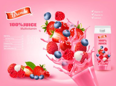 Egzotik meyve ve sıçramasına sıvı taze meyve suyu. Reklam kavramı. Tasarım şablonu. Vektör.
