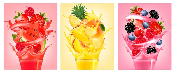 Ensemble Étiquettes Avec Des Fruits Dans Des Éclaboussures Jus Fraise — Image vectorielle