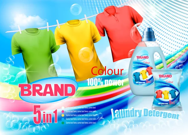 Iklan Deterjen Laundry Botol Plastik Dan Kemeja Berwarna Warni Tali - Stok Vektor