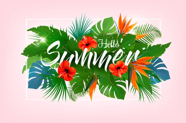 Fondo Vacaciones Tropicales Verano Con Hojas Palma Exóticas Flores Vector — Vector de stock