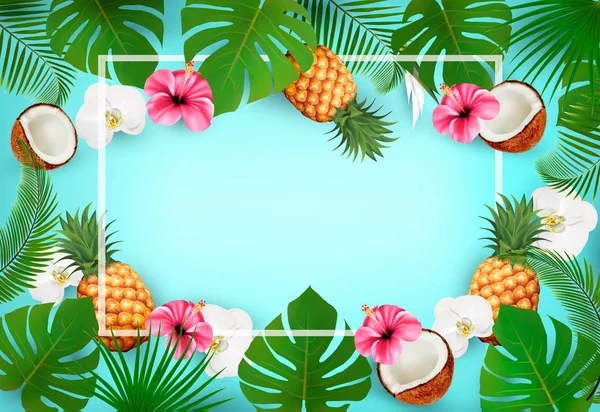 Fondo Tropical Verano Con Hojas Palma Exóticas Flores Coco Vector — Vector de stock