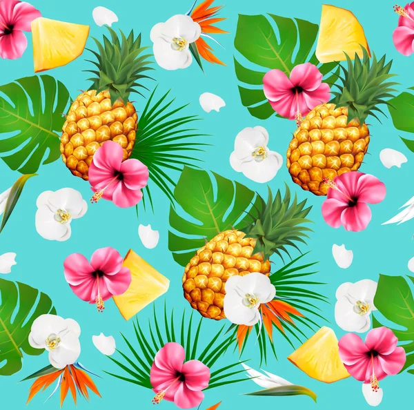 Summer Tropical Seamless Pattern Fruits Leaves Vector — Stock Vector