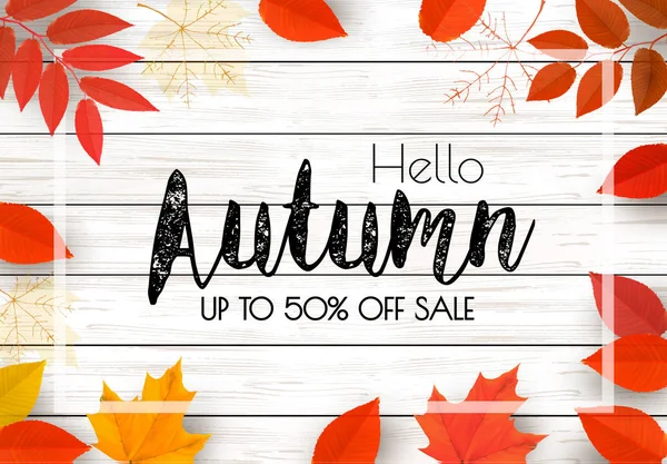 Genießen Sie Herbstverkauf Hintergrund Mit Herbstblättern Und Holzanhänger Vektor — Stockvektor