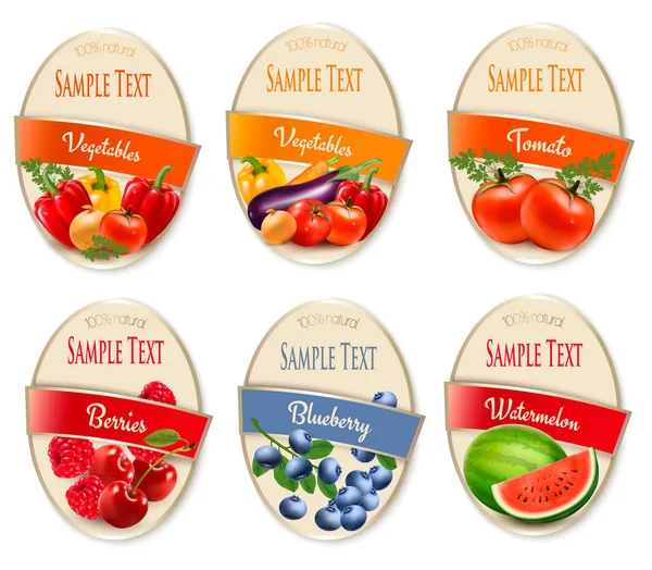 Set Etiketten Van Bessen Fruit Kersen Bosbes Framboos Aardbei Watermeloen — Stockvector