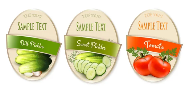 Set Labels Ecological Tomato Pickles Isolated Vector Illustration — Stock Vector