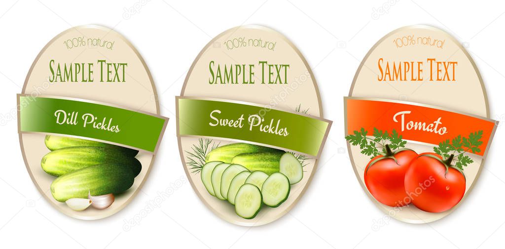 Set of labels with ecological tomato and pickles isolated. Vector illustration