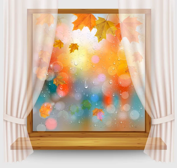 Осенний Фон Цветными Листьями Капельками Воды Прозрачном Окне Вектор — стоковый вектор