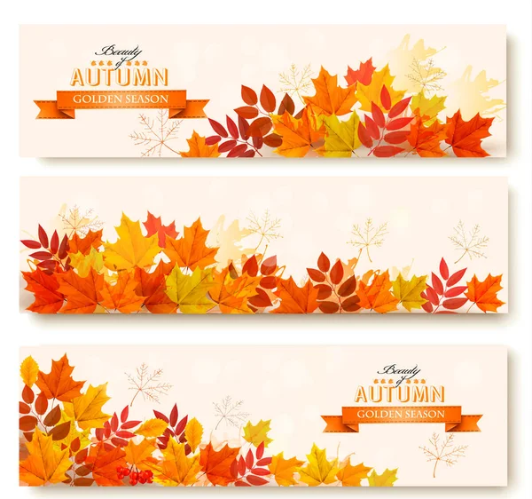 Drie Abstracte Herfst Banners Met Kleurrijke Bladeren Vector — Stockvector