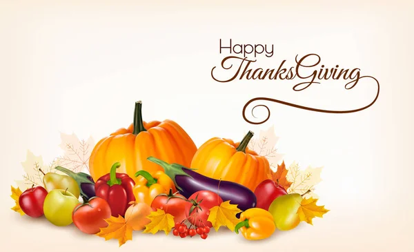 Happy Thanksgiving Background Colorful Autumn Leaves Fruits Vegetables Vector — Stock Vector