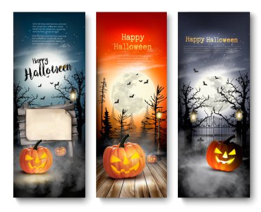 Grup Halloween pumpkins ve ay ile afiş. Vektör.