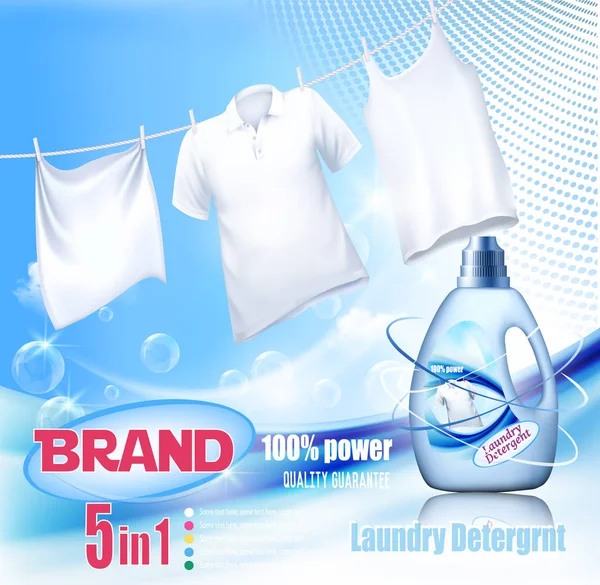 洗衣洗涤剂广告 洗白色的衣服挂在绳子和塑料瓶上 设计模板 — 图库矢量图片