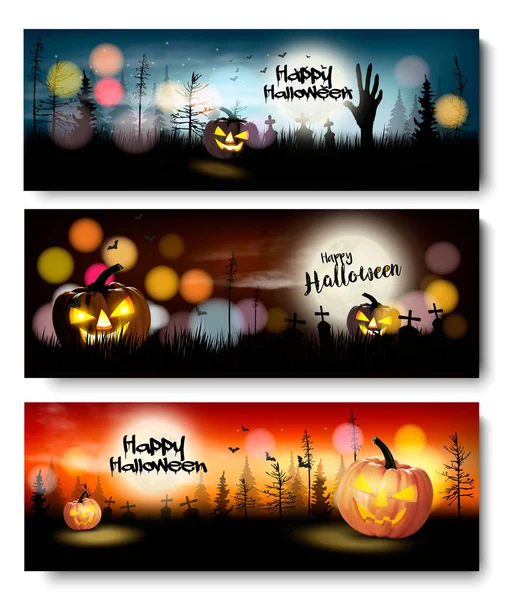 Conjunto Pancartas Halloween Con Calabazas Luna Vector — Archivo Imágenes Vectoriales