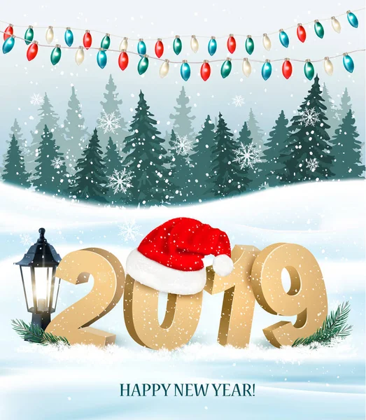 Fondo Vacaciones Navidad Con 2019 Sombrero Santa Rojo Vector — Archivo Imágenes Vectoriales