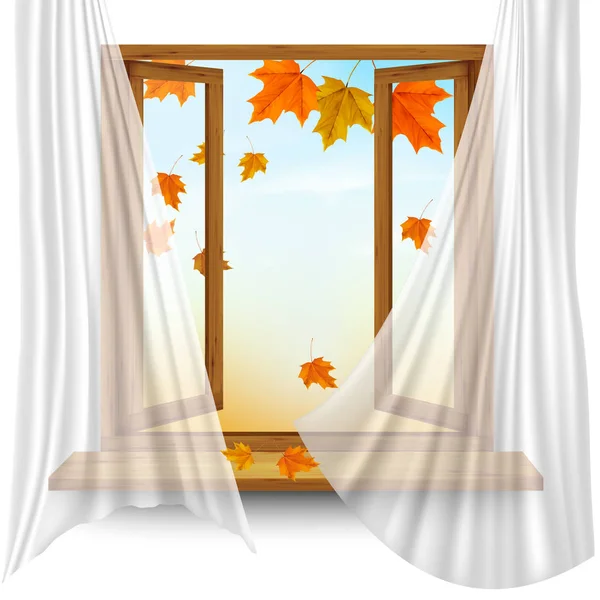 Herbst Hintergrund Mit Offenem Fenster Und Bunten Blättern Vektor — Stockvektor