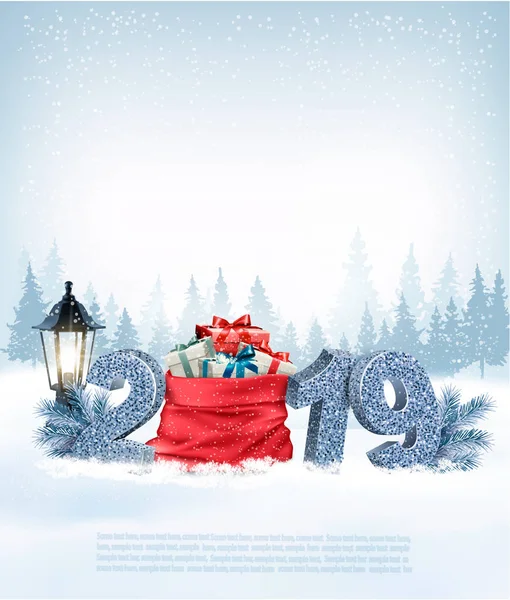 圣诞节假期背景与2019和红色袋礼物 — 图库矢量图片