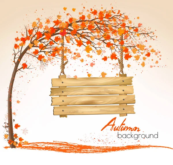 秋天的自然背景与一棵树和一个木头符号 — 图库矢量图片