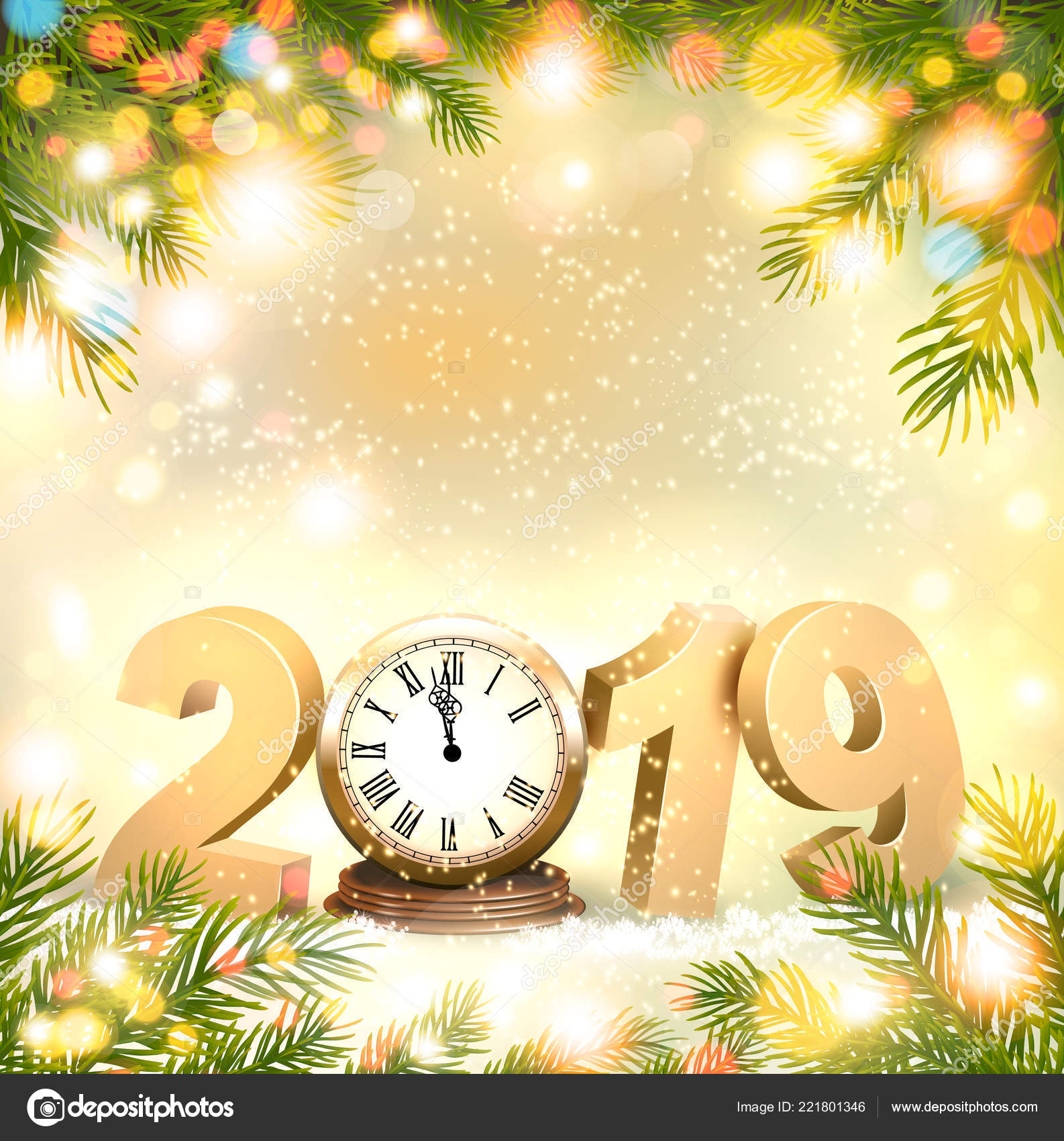 Happy New Year 2019 Background Presents Clock Vector — Stock Vector