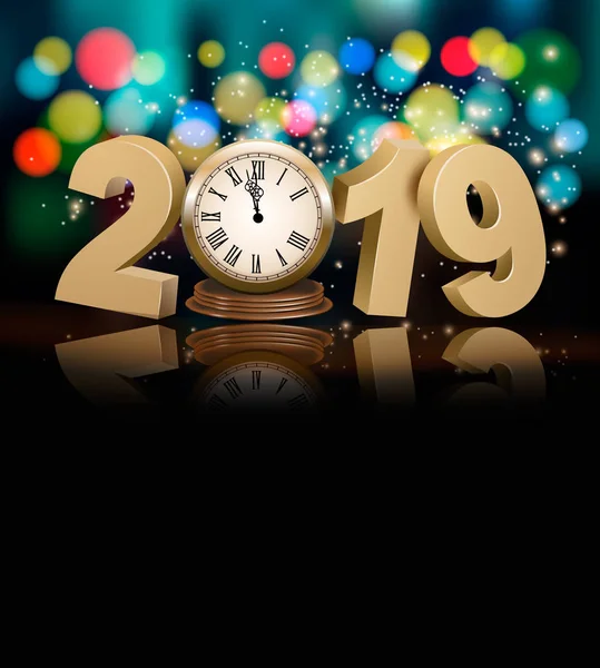 Happy New Year holiday background with 2019, a clock and firework. Vector.