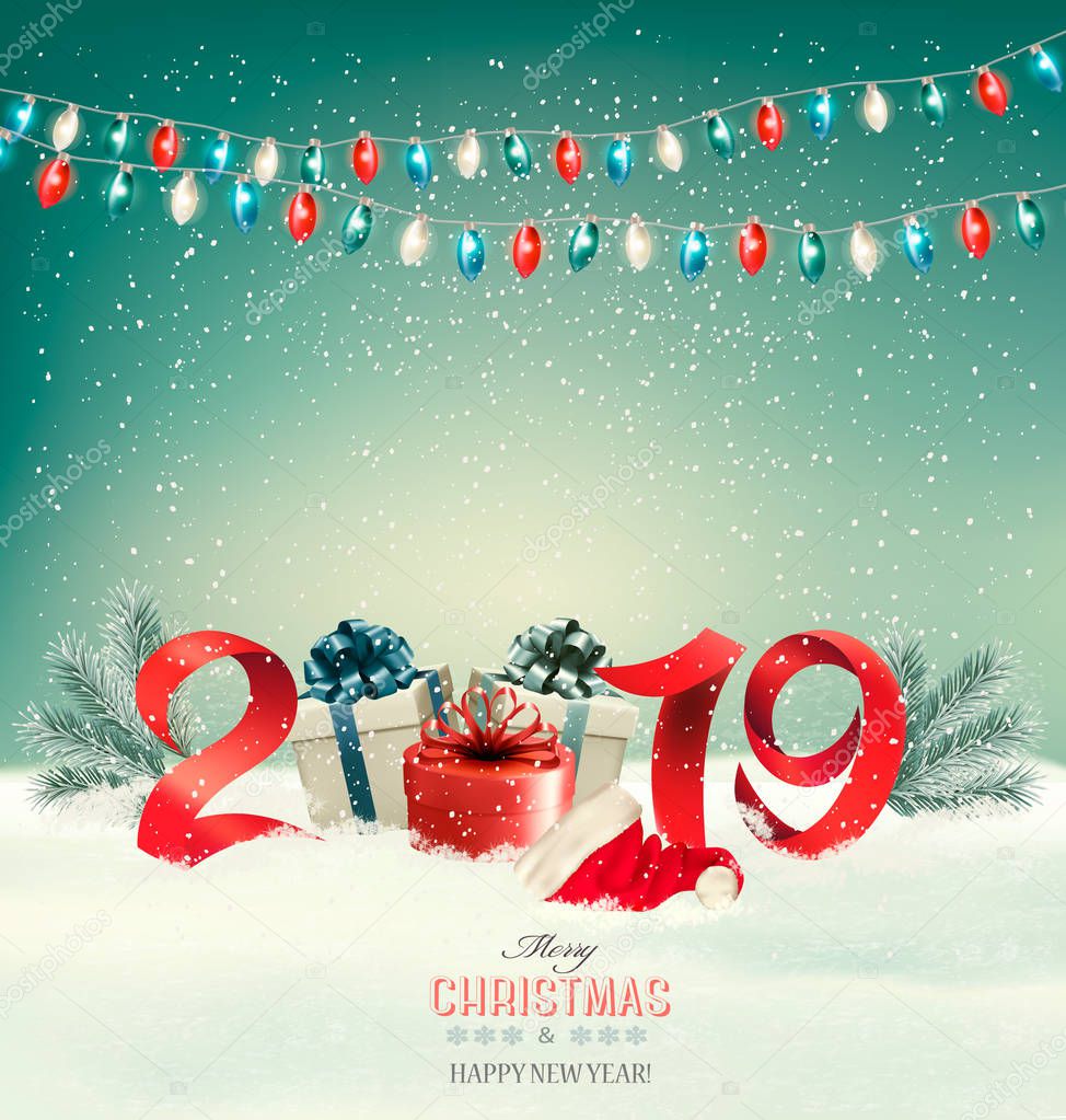 Christmas holiday background with gift boxes and colorful garland. Vector.