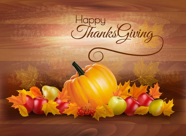 Happy Thanksgiving Kaart Met Herfst Groenten Fruit Houten Achtergrond Vector — Stockvector