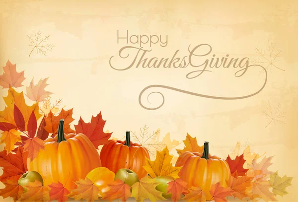 快乐的感恩节背景与五颜六色的叶子和旧的纸 — 图库矢量图片